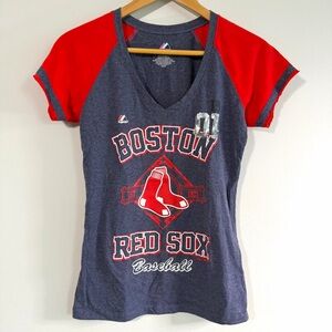 Majestic Boston Red Sox Sequin Fitted V-Neck T Shirt Women’s Size Medium